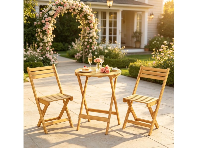  Ensemble détente extérieur avec 1 table et 2 chaises pliantes pour 2 personnes, en bois d'acacia naturel  - Conforama C