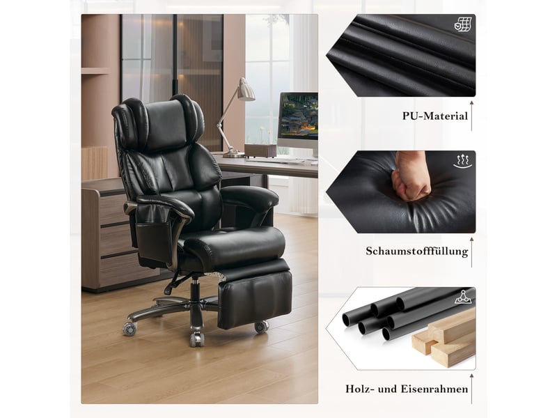  Fauteuil de bureau relax avec massage et chauffage, dossier inclinable, repose-pieds, en pu noir  - Conforama A
