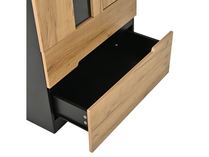  Vitrine 70x35x180 cm avec éclairage led, 3 portes et 2 tiroirs, structure en mdf bois naturel et noir, rangement multifonction  - Conforama D