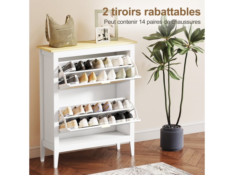  Meuble à chaussures 14 paires bohème avec 2 tiroirs rabattables, portes effet cannage rotin, blanc, 80 x 24 x 95,5 cm  - Conforama E