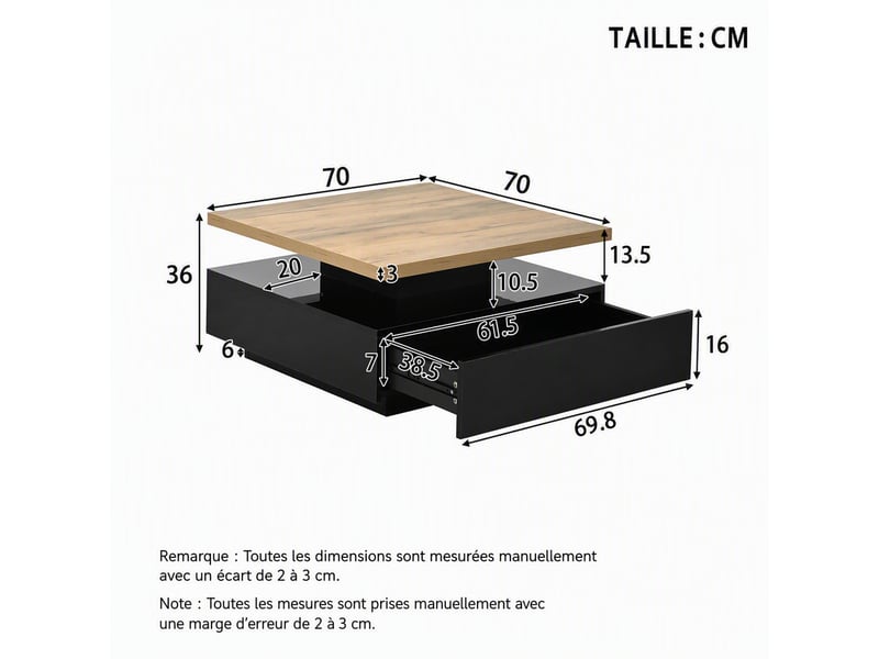  Table basse carrée pivotante à 360° – 2 niveaux avec tiroir – décor noyer et noir brillant – 70 x 70 x 36 cm  - Conforama D