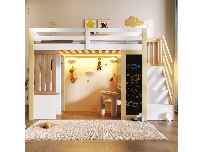  Lit mezzanine enfant 1 place 90×200 cm bureau, armoire et led  - sans matelas, bois - blanc naturel  - Conforama C