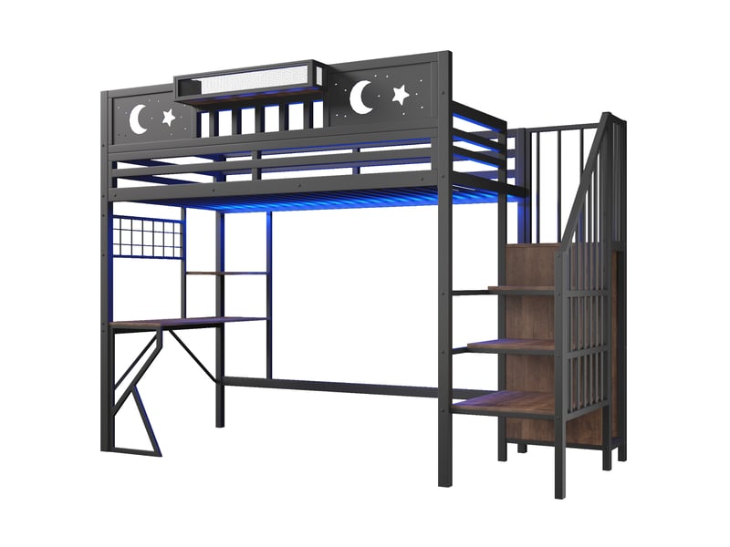 Lit mezzanine, 90 × 200 cm, noir, mdf et métal, rangements, panneau perforé, bureau, garde-corps, échelle, escalier rangement, usb - Conforama A