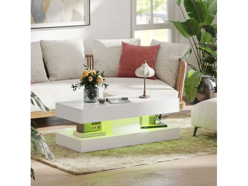  Table basse avec 2 tiroirs, niche ouverte et éclairage led amovible, finition blanc brillant en panneau de particules  - Conforama B