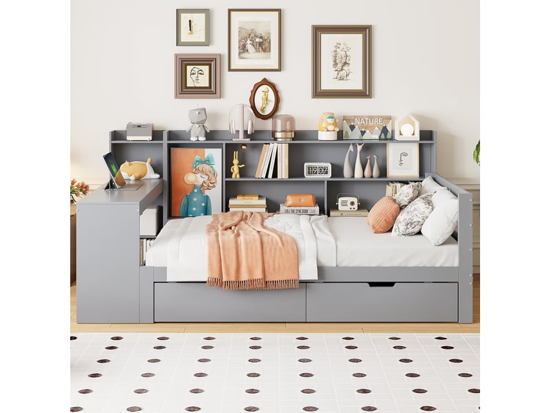  Lit combiné multifonction 90x200 cm, prise usb, 2 tiroirs, bureau, espaces de rangement, bois, gris avec matelas  - Conforama D
