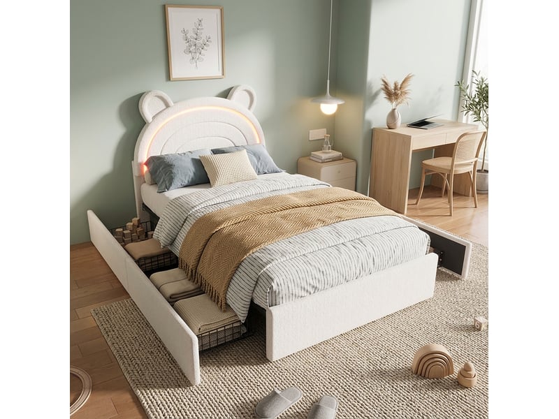  Lit enfant 90 × 200 cm avec 4 tiroirs latéraux, tête de lit ours et éclairage led commandé par application, beige  - Conforama E