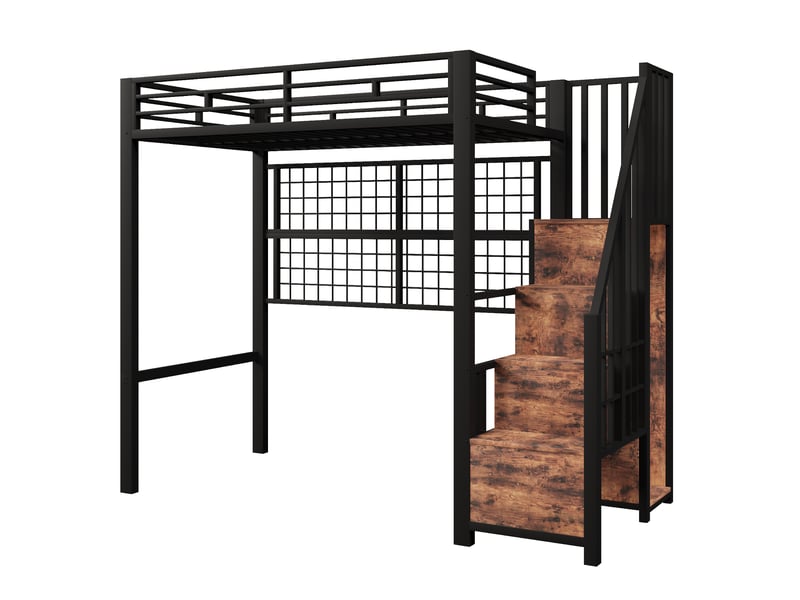  Lit mezzanine 90 × 200 cm, escalier de rangement, penderie ouverte, grille métallique arrière, led, métal et mdf, noir  - Conforama A