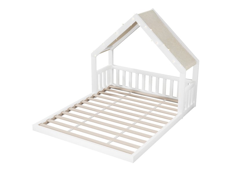  Lit cabane enfant en bois 140 x 200 cm - toit en tissu et guirlande lumineuse inclus - mdf et pin - blanc (matelas non inclus)  - Conforama W