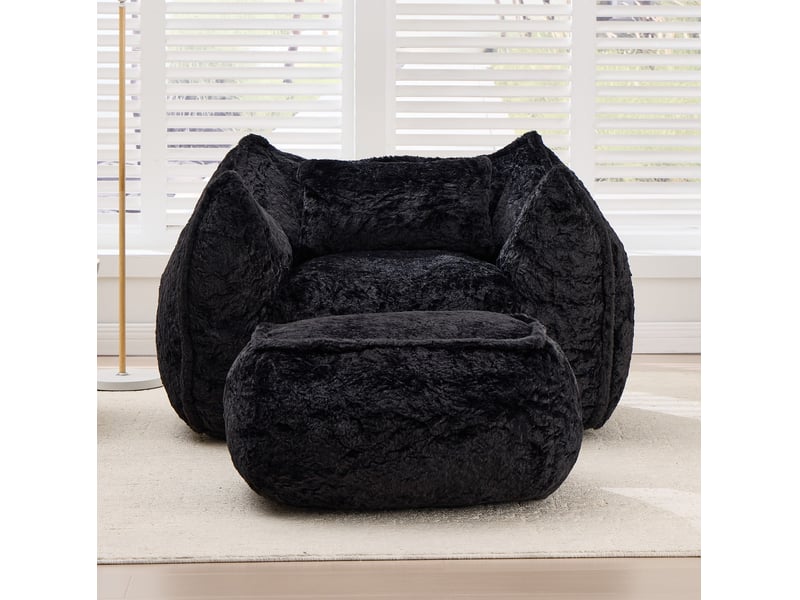  Fauteuil‑poire géant 123x157x73 cm fauteuil lounge avec coussin et pouf, sans montage, remplissage mousse, fausse fourrure, noir  - Conforama B