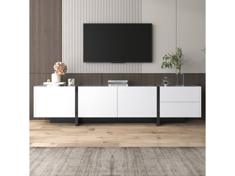  Meuble tv - blanc brillant - 3 portes - 2 tiroirs - style scandinave contemporain  - Conforama R