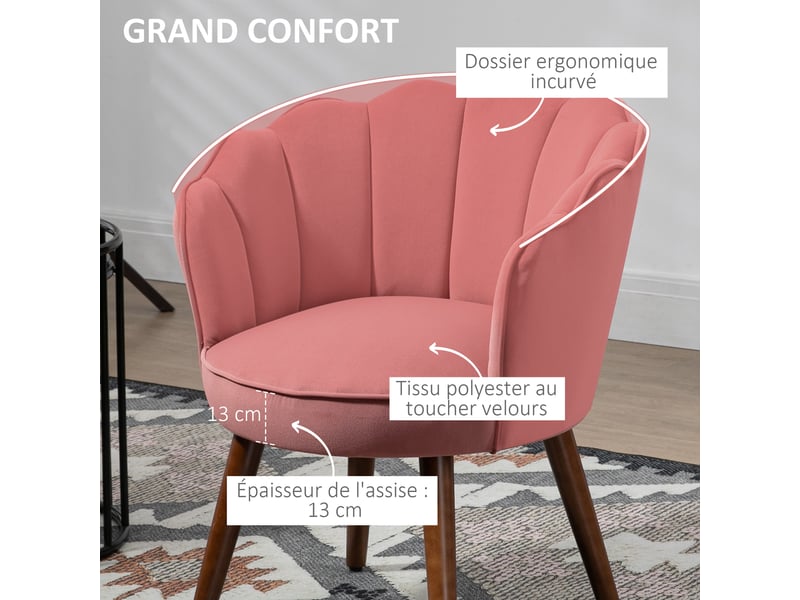  Fauteuil coquillage fauteuil de salon chambre avec dossier et coussin aspect velours pieds en bois hévéa 66l x  - Conforama E