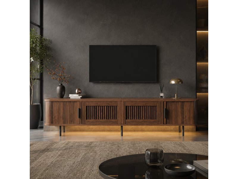  Meuble tv noyer 180 x 40 x 44,5 cm avec portes coulissantes, tiroirs et éclairage led  - Conforama B