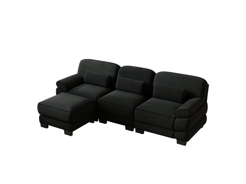  Canapé d’angle modulable 3 places avec pouf 265x161x94 cm, tissu velours côtelé, assise profonde, coussins lombaires, structure renforcée - noir  - Conforama A