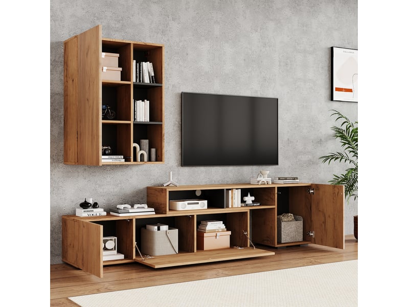  Ensemble meuble tv modulable 174-265 cm avec armoire murale, meuble de salon, structure panneau de particules, chêne  - Conforama D