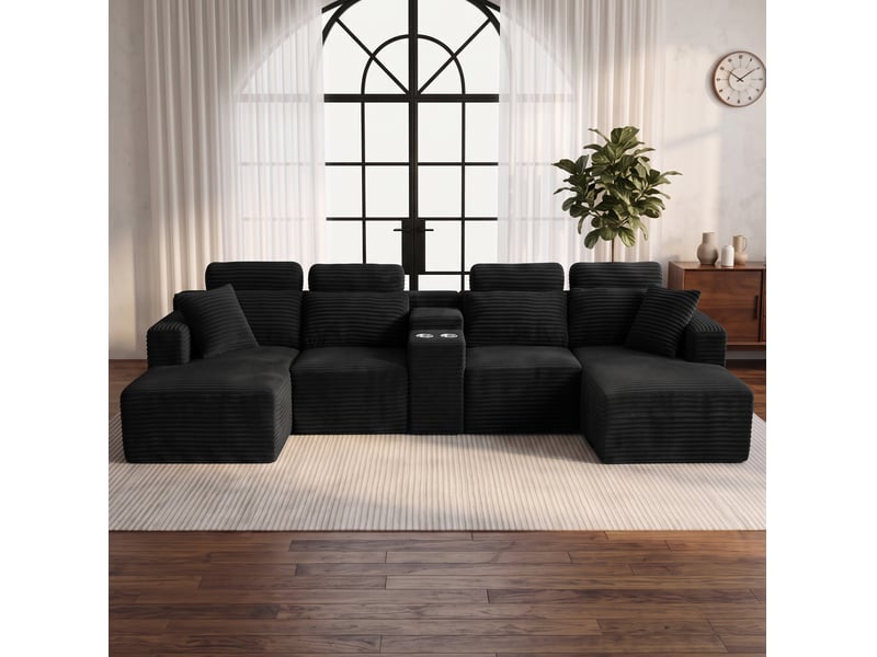  Canapé d’angle modulaire en u 373x151x81 cm compressé, porte-gobelets, mousse,  velours côtelé couleur noir  - Conforama B