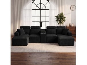 Canapé d’angle modulaire en u 373x151x81 cm compressé, porte-gobelets, mousse, velours côtelé couleur noir