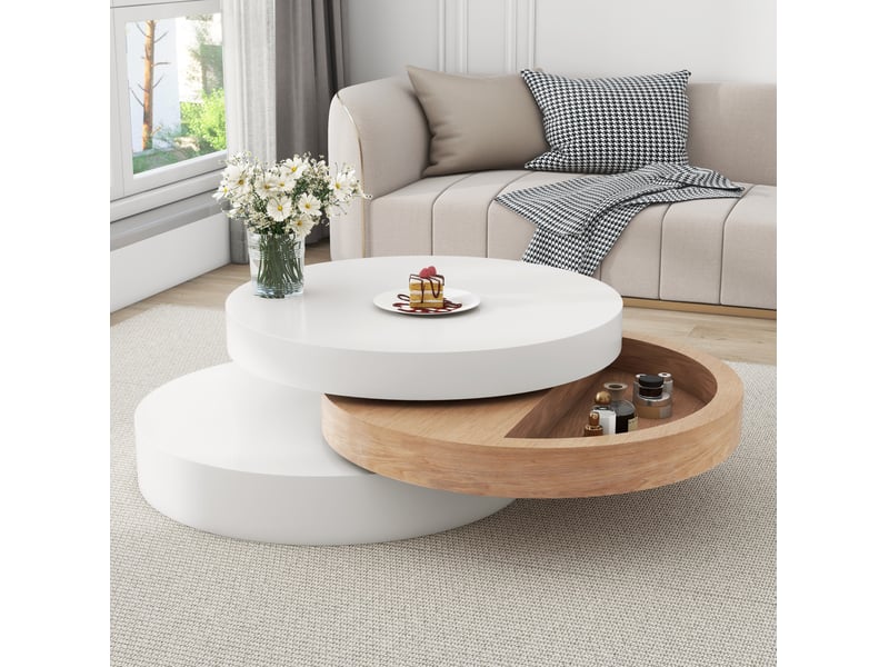 Table basse ronde 60 x 60 x 35,1 cm en mdf pivotante avec rangement blanc et naturel chicfurn - Conforama C