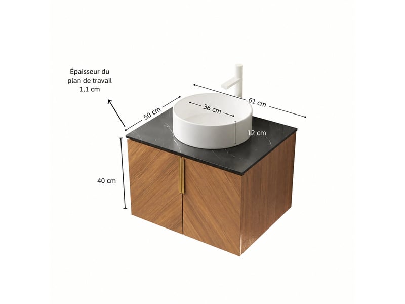  Meuble vasque suspendu 61 cm avec vasque ronde blanche et plan noir  - Conforama C