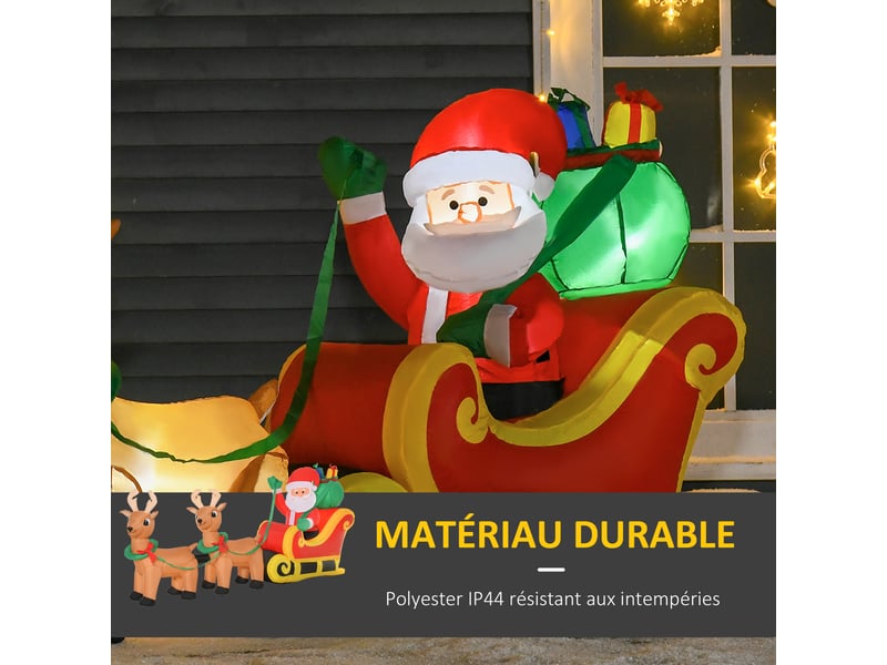  Père noël gonflable led dim. 240l x 57l x 112h cm avec traîneau, rennes, hotte 6 led polyester imperméable  - Conforama E
