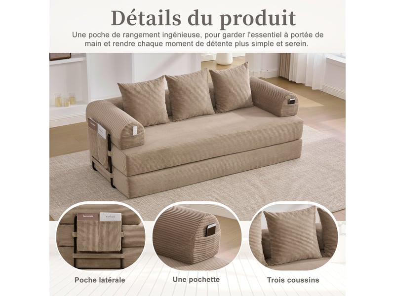  Canapé modulable velours côtelé kaki avec cadre métal et 3 coussins canapé d'angle pour petit espace  - Conforama B
