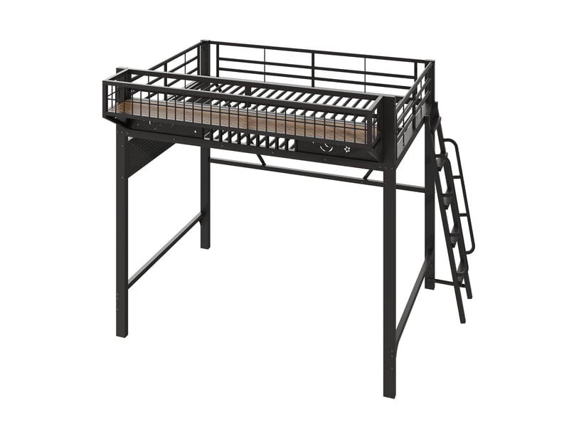  Lit mezzanine 2 personnes 140x200cm - lit haut double avec étagères de rangement, espace ouvert en bas, métal noir evarich - Conforama A