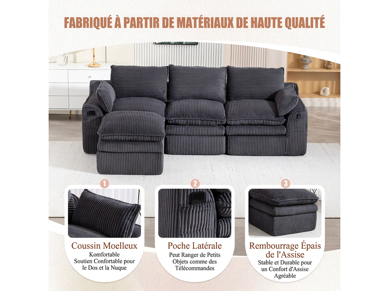 Canapé modulaire 3 places avec pouf en velours côtelé gris foncé 263 x 167 x 85 cm, poches latérales - Conforama W