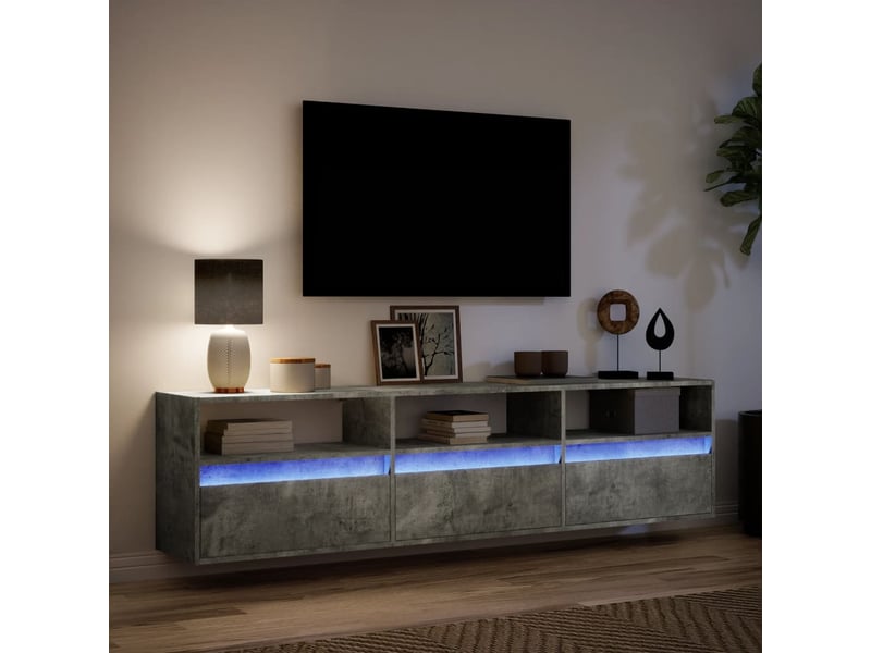  Meuble tv - banc tv - meuble de rangement mural avec led gris béton 180x31x45 cm  - Conforama E