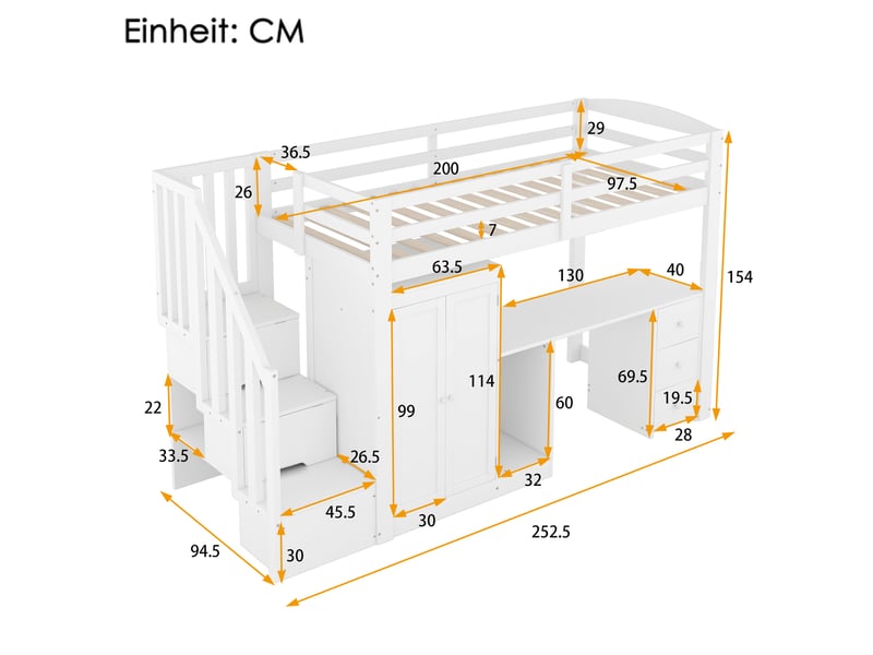 Lit mezzanine 90 × 200 cm 1 place avec bureau, armoire, 3 tiroirs et escalier de rangement, sans matelas, blanc - Conforama D