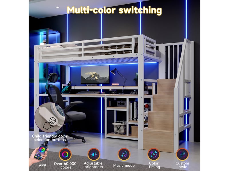  Lit mezzanine, 90 × 200 cm, blanc, métal, led, usb + type-c, armoire-échelle, étagères, sans matelas, led pilotable par appli  - Conforama C