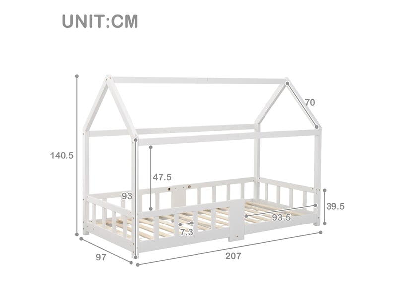 Lit enfant cabane 90x200 cm avec tableau et barrières de protection blanc  - Conforama E