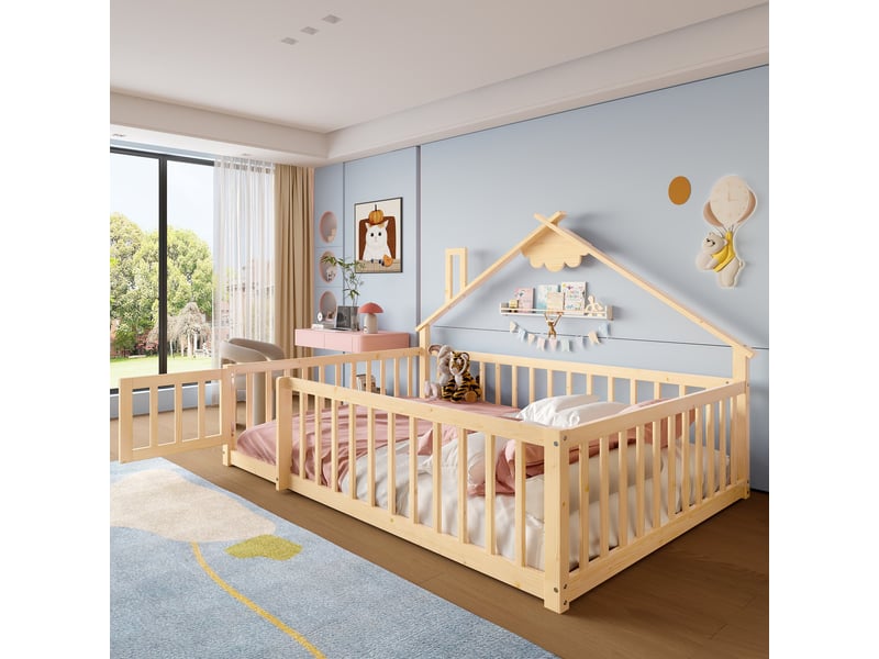  Lit enfant 140x190 en pin naturel avec barrière de sécurité et serrure, design maison  - Conforama W