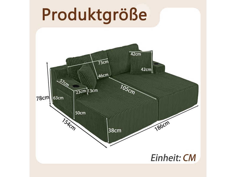  Canapé convertible 2 places avec porte-gobelet et poche latérale  - coussins amovibles, tissu côtelé vert  - Conforama D