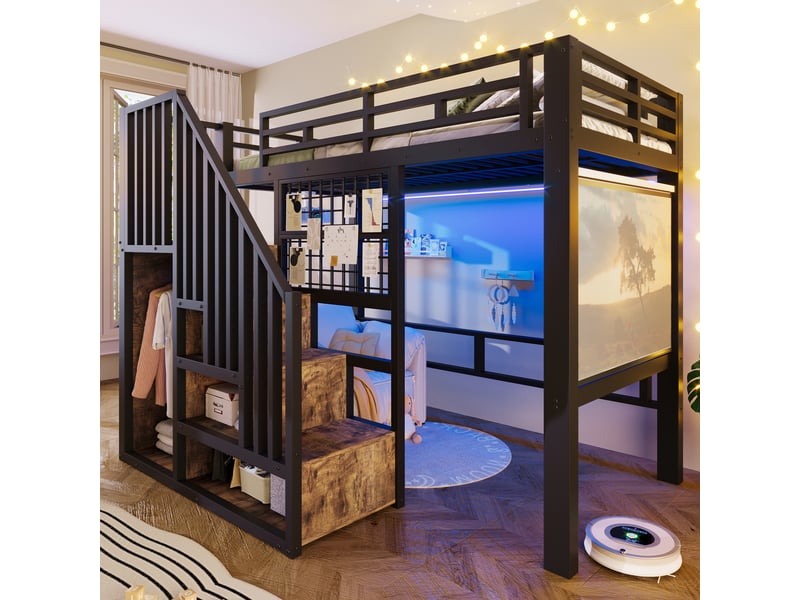  Lit mezzanine, 90 × 200 cm, noir, métal et mdf, éclairage led, rangements intégrés, barre suspendue, garde-corps, sans matelas  - Conforama B
