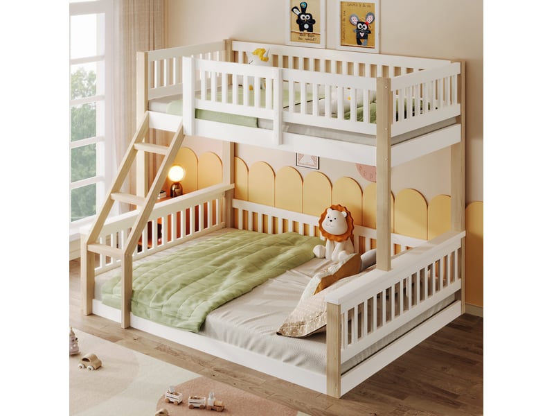  Lit superposé enfant 90x200 et 140x200 cm avec échelle et barrières, blanc naturel  - Conforama D