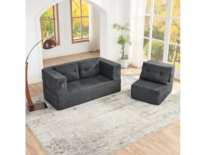  Canapé modulable 3 places, fauteuil pliable en tissu gris foncé  - Conforama W
