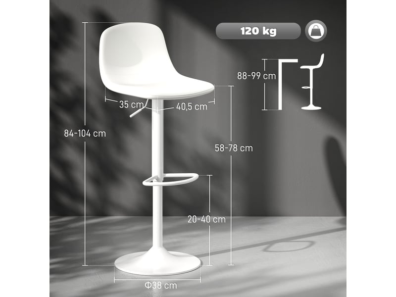  Lot de 2 tabourets hauts réglables à 360° avec dossier et repose-pieds pour cuisine, bar ou salle à manger 40,5 x 44 x 84-104 cm blanc  - Conforama E