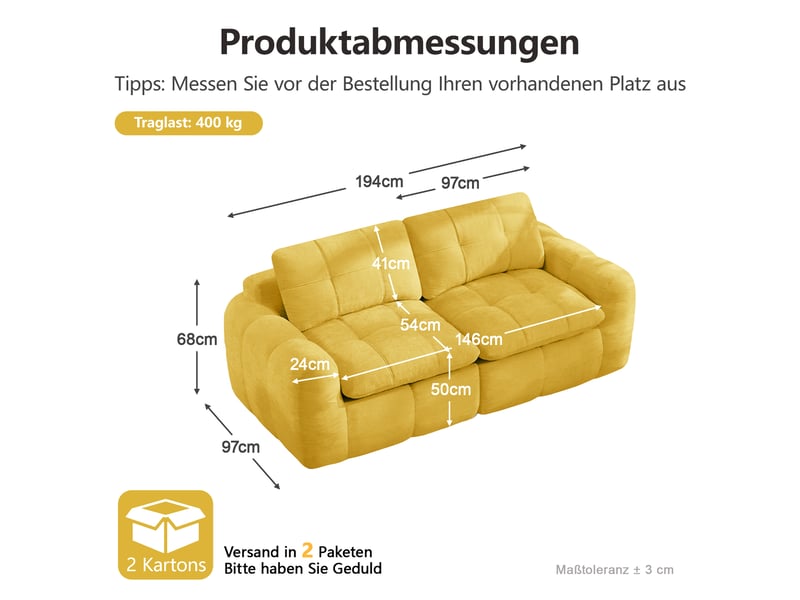  Canapé droit modulable 2 places en chenille jaune – 194 x 97 x 68 cm Fay Lum - Conforama C