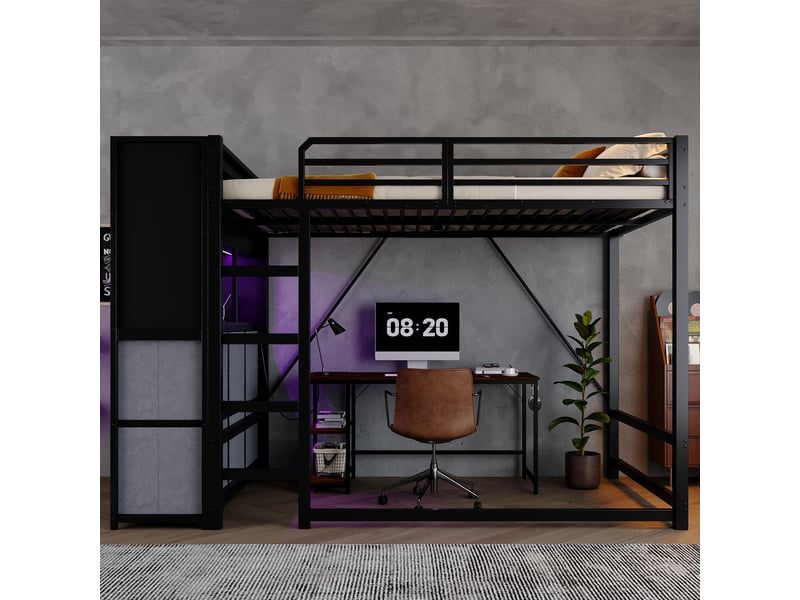  Lit mezzanine 120x200 cm en métal avec échelle, rangements latéraux, tiroirs en tissu, étagères ouvertes, éclairage led et prise usb - noir  - Conforama D