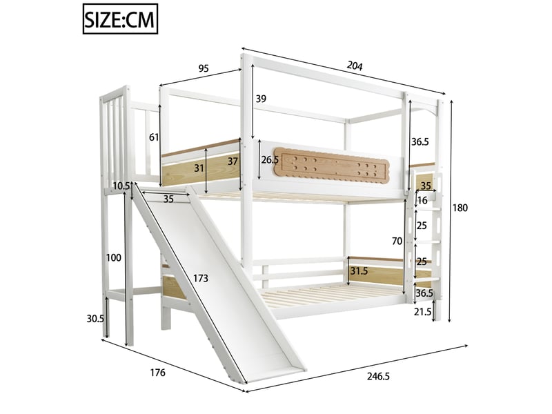 Lit superposé enfant 90 x 200 cm blanc et bois naturel avec toboggan - Conforama E