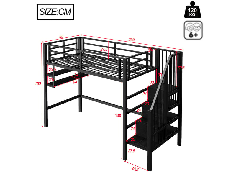  Lit mezzanine enfant 90 x 200 cm noir avec étagères et échelle de rangement  - Conforama E