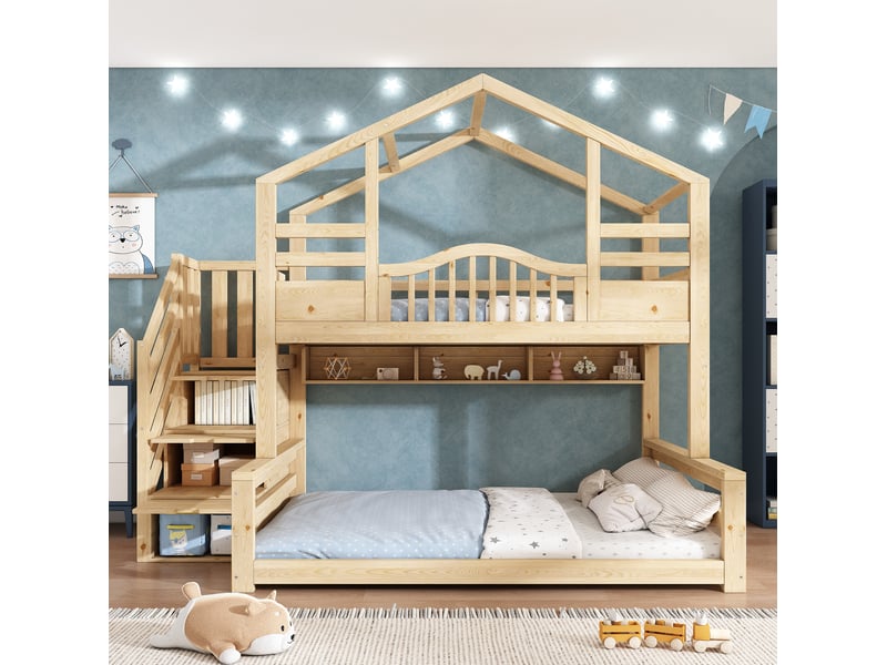 Lit superposé 90x200cm+140x200cm, armoire, escalier, rangements, style moderne, bois, couleur bois clair sans matelas - Conforama E