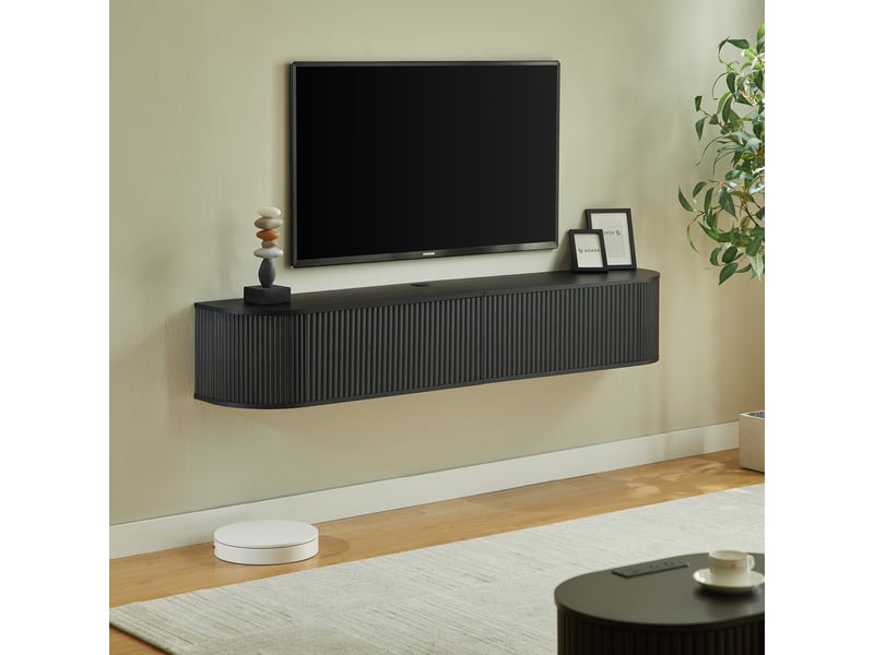  Meuble tv mural suspendu noir – 180 x 32 x 30 cm – passe-câbles et portes rainurées  - Conforama C