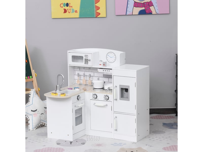  Cuisine bois jeu d'imitation - cuisine enfant 3+ ans - nombreux accessoires &amp; rangements inclus - micro-ondes, hotte, évier avec robinet - mdf pin blanc  - Conforama B