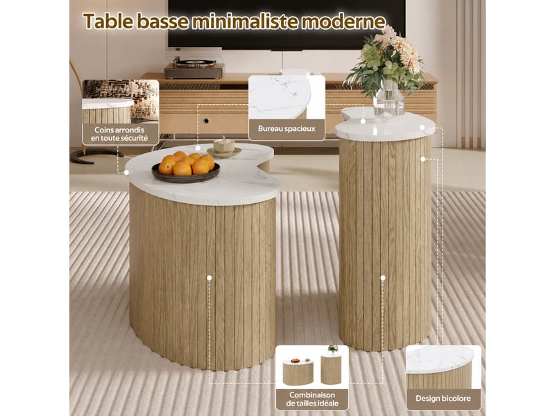 Ensemble de 2 tables basses compactes, effet marbre et bois, style moderne  - Conforama D
