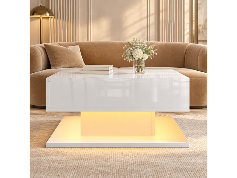  Table basse 72x72x35 cm relevable hydraulique avec led réglable, mdf et panneaux de particules, blanche  - Conforama B