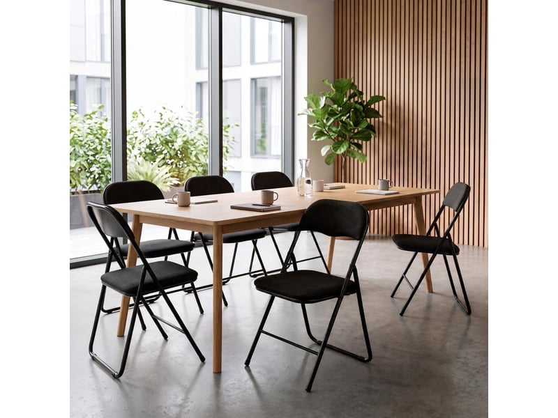  Lot de 6 chaises pliantes rembourrées en tissu noir et pieds métal noir - greta GRETA - Conforama B