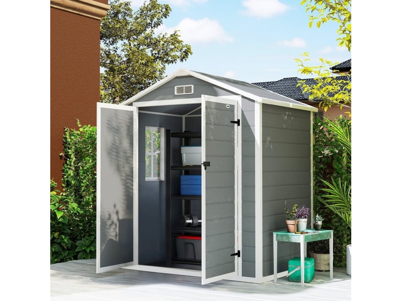  Abri de jardin métal 183x134x210 cm – gris – double porte verrouillable, fenêtre et aération latérale  - Conforama D