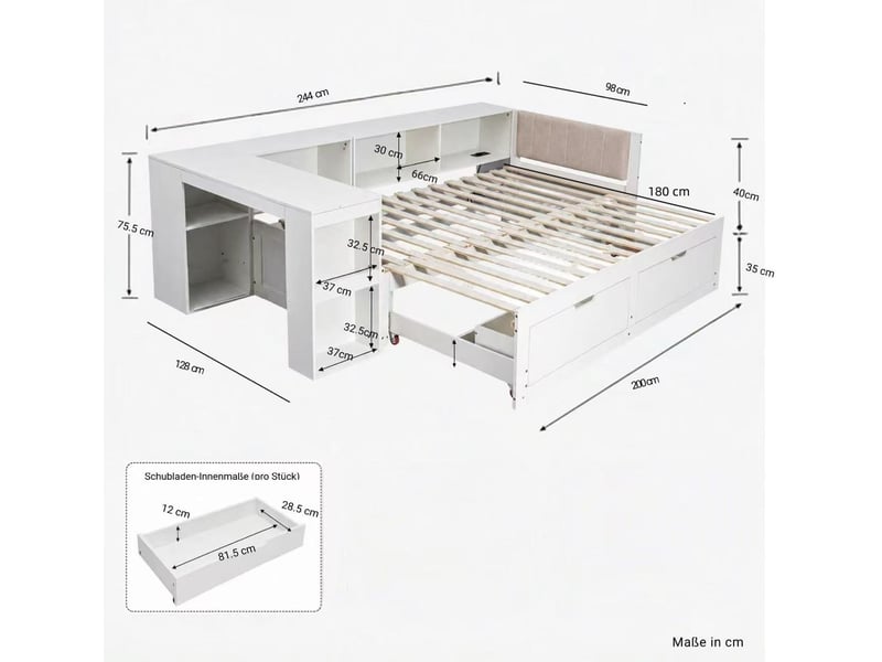  Lit combiné 90×200 à 180×200 cm 3-en-1 en l avec bureau et rangement, cadre en bois et mdf, sommier à lattes, tiroirs sous le lit et étagères ouvertes, tête de lit rembourrée  - Conforama C