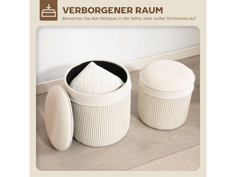 Lot de 2 tabourets avec rangements tabourets avec couvercle, repose-pieds rond aspect velours 36 x 36 x 41,5 cm blanc crème 838-596V00CW - Conforama D