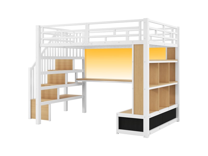  Lit mezzanine en métal 140x200 avec bureau et étagères, deux tiroirs intégrés, escalier avec espace de rangement, blanc  - Conforama D
